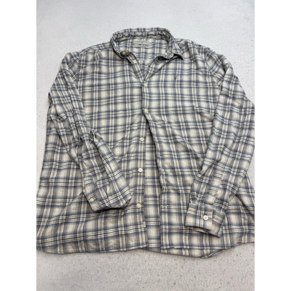 AllSaints Shirt Mens Large Blue Plaid Flannel Long Sleeve Button Up Relaxed Fit